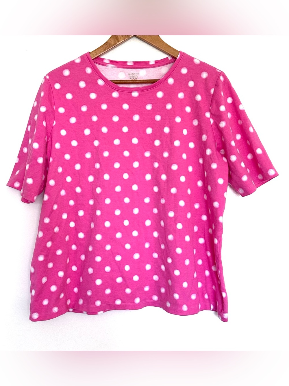 Kim Rogers Shirt Women’s XL Pink White Polka Dot Cotton Short Sleeve Pullover